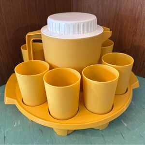 Vintage plastic pitcher and tumbler juice set with caddy